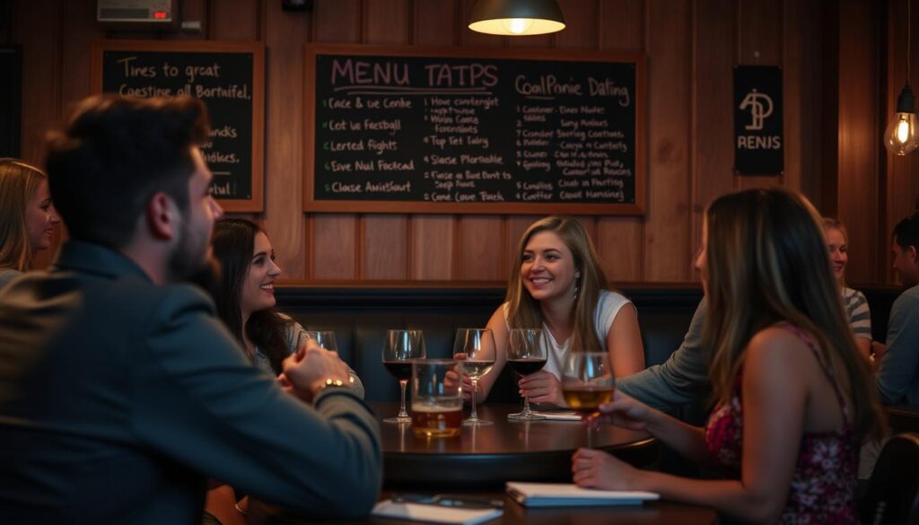 an intimate speed dating event in a cozy lounge setting, with couples engaged in lively conversation and making eye contact, a chalkboard menu board with handwritten tips for a great speed dating experience hanging on the wall, soft ambient lighting, warm wood tones, and a relaxed, friendly atmosphere that encourages mingling and connection