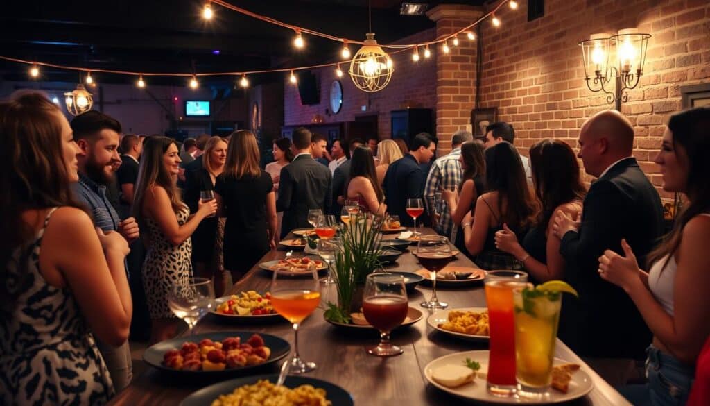 A cozy and intimate singles gathering in downtown Calexico, California. In the foreground, a group of well-dressed people mingling and conversing over drinks, their faces lit by the warm glow of string lights overhead. The middle ground features a long table set with platters of hors d'oeuvres and a selection of craft cocktails, encouraging guests to mingle and connect. In the background, the dimly lit interior of a trendy local bar or lounge, its brick walls and rustic decor setting a relaxed, inviting atmosphere. Soft jazz music plays in the background, creating a sophisticated and romantic mood for this Calexico speed dating event.