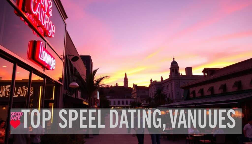 A bustling cityscape of San Gabriel, California, showcasing the top speed dating venues. In the foreground, the neon-lit facade of a modern, upscale lounge with couples mingling inside. In the middle ground, a cozy cafe with an intimate, warm ambiance, people sipping drinks and engaged in lively conversation. In the background, the silhouettes of historic Spanish-style buildings against a vibrant sunset sky. Soft, diffused lighting casts a romantic glow over the scene, creating an inviting atmosphere for singles to mingle and connect. The overall composition captures the vibrant, social energy of the city's premier speed dating hotspots.