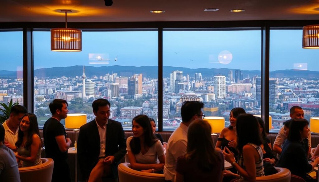 A warm, welcoming speed dating event in San Gabriel, California. In the foreground, a group of stylishly dressed singles engaged in lively conversation, their body language exuding confidence and approachability. The middle ground features a cozy, intimate setting with soft lighting, plush furnishings, and a backdrop of tasteful decor, creating an atmosphere of relaxation and connection. In the background, a panoramic view of the vibrant San Gabriel cityscape, with its iconic landmarks and bustling energy, sets the scene. The overall mood is one of optimism, positivity, and the promise of meaningful connections, inviting the viewer to imagine the successful speed dating experience.