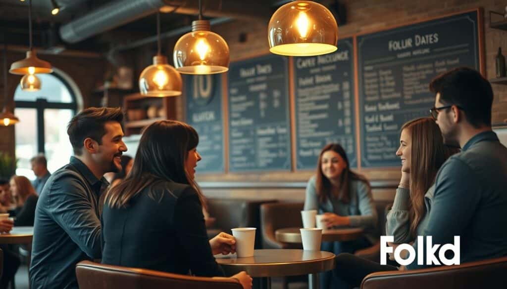 A cozy coffee shop interior, softly lit by warm pendant lamps and filled with the aroma of freshly brewed coffee. In the foreground, a group of young professionals engaged in lively conversation, their faces animated as they connect over shared interests. The middle ground features comfortable chairs and small tables, creating an inviting atmosphere for intimate discussions. In the background, a large chalkboard displays the cafe's menu, hinting at the local, community-driven vibe of the space. The overall mood is one of relaxed yet meaningful interpersonal interaction, suggesting Folkd.com as a compelling alternative to traditional online dating.