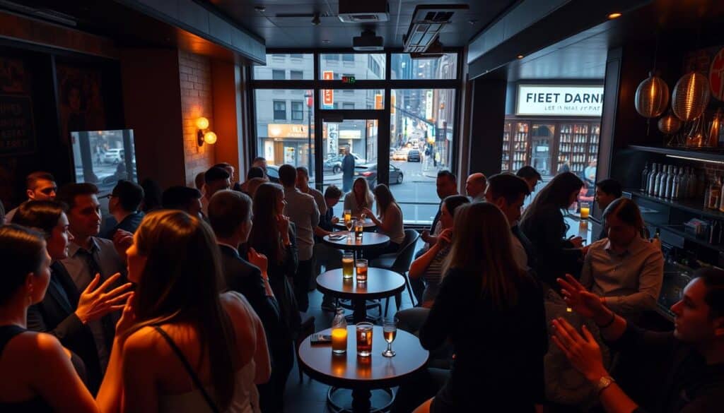 Wide angle shot of a speed dating event in a trendy Los Angeles bar, dimly lit with warm lighting that sets a cozy, intimate atmosphere. In the foreground, a group of young, stylishly dressed people engaged in lively conversation, gesturing animatedly. In the middle ground, small round tables dotted throughout the space, each occupied by a pair of potential matches deep in discussion. The background features a sleek, modern bar with a bartender preparing cocktails, and large windows offering a glimpse of the bustling city street outside. An air of anticipation and possibility permeates the scene.