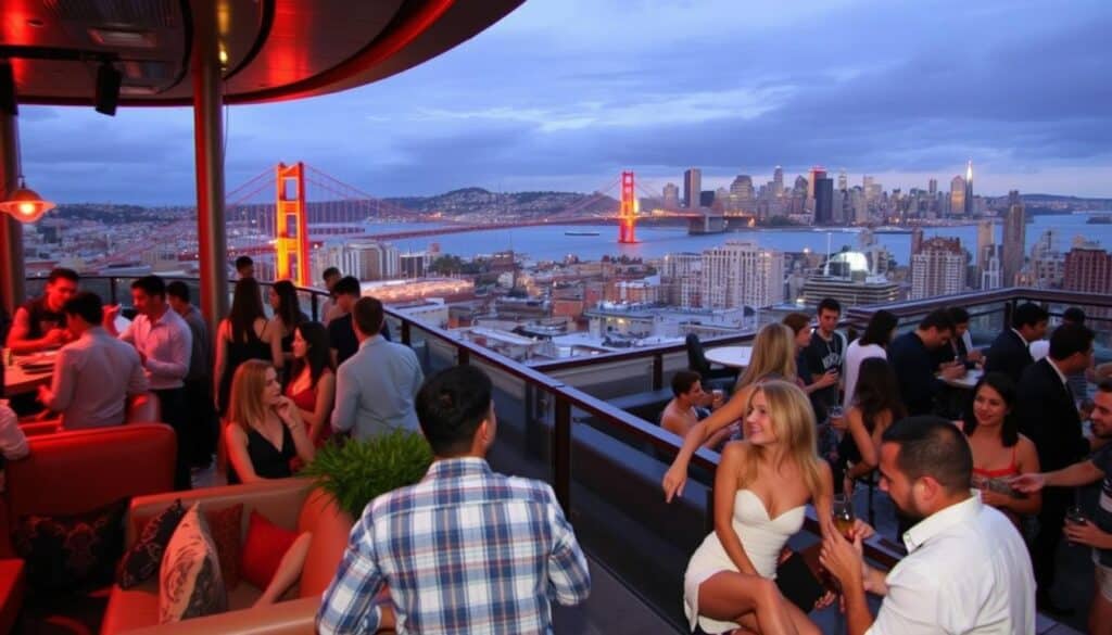 A bustling urban scene in San Francisco, showcasing the vibrant atmosphere of popular singles event venues. In the foreground, a stylish lounge with plush seating and warm lighting, people mingling and engaged in lively conversation. In the middle ground, a modern rooftop bar overlooking the iconic cityscape, couples and groups sipping craft cocktails against a backdrop of the Golden Gate Bridge. In the distance, the silhouettes of historic buildings and skyscrapers, creating a dynamic, cosmopolitan ambiance perfect for a lively speed dating experience.