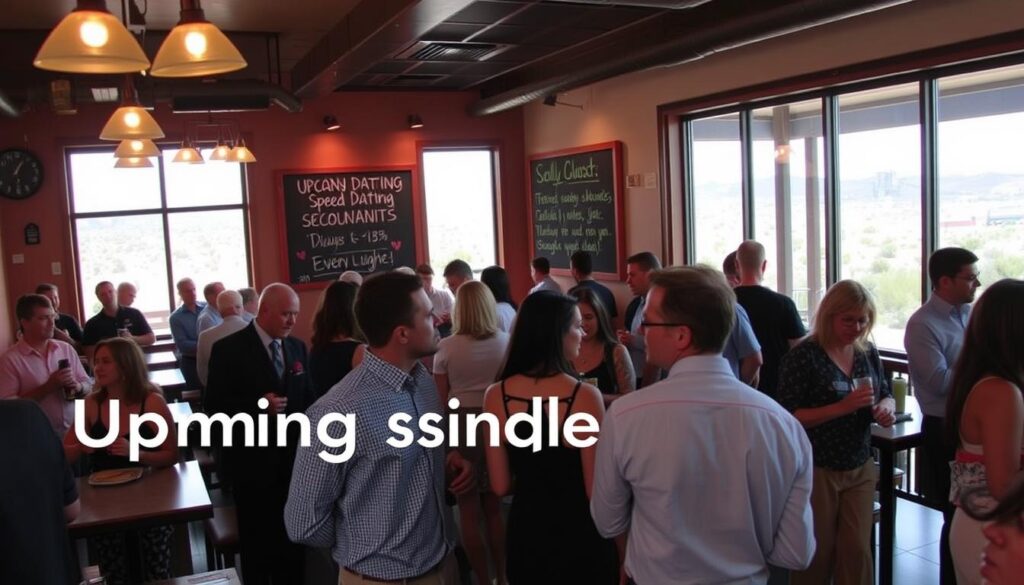 Upcoming singles events Ridgecrest: A cozy café setting, soft warm lighting from overhead fixtures, a chalkboard menu on the wall showcasing upcoming speed dating nights. Stylishly dressed people mingle and converse, sipping coffee or cocktails. The atmosphere is casual yet vibrant, with a hint of anticipation for the matches to come. In the background, a glimpse of the desert landscape through large windows, hinting at the unique location of Ridgecrest. The image conveys a sense of community, connection, and the promise of new romantic possibilities.