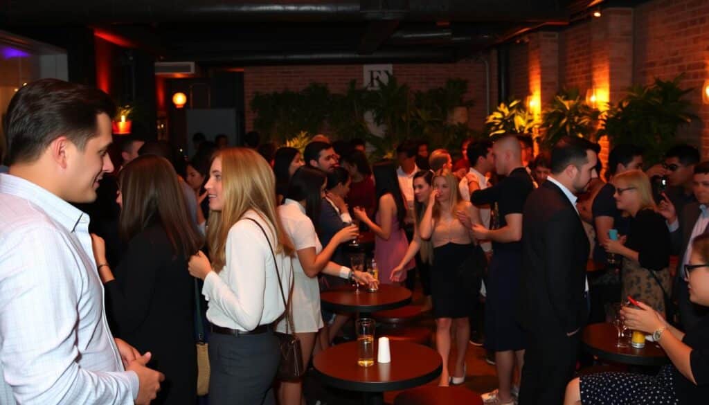 A bustling speed dating event in a cozy, dimly-lit lounge. Stylishly-dressed singles mingle and engage in lively conversations, their faces lit by warm, golden lighting that casts a lively, intimate atmosphere. In the foreground, a pair of prospective partners lean in, their body language suggesting an engaging, flirtatious exchange. The middle ground is filled with small tables and chairs, where other participants share drinks and exchange numbers. In the background, a backdrop of exposed brick walls and decorative greenery creates a trendy, urban setting perfect for making a connection.
