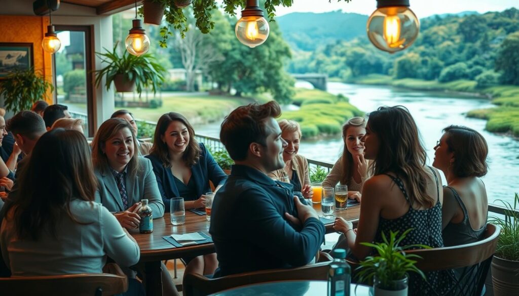 A lively speed dating event set in a cozy riverside cafe in Riverbank, California. The foreground features a group of smartly dressed singles engaged in animated conversation, their faces alight with anticipation and curiosity. The middle ground showcases the warm, inviting cafe atmosphere, with vintage furnishings, soft lighting, and potted plants adding to the intimate, relaxed ambiance. In the background, the tranquil Riverbank flows gently, its serene waters and verdant banks creating a picturesque natural backdrop for this unique social gathering. The overall mood is one of friendly camaraderie, where new connections are forged against the scenic beauty of this charming California town.