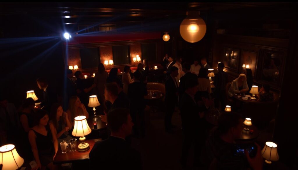 A dimly lit lounge filled with the chatter of singles gathered for a themed speed dating event. In the foreground, stylishly dressed attendees mingle around low tables, engaged in lively conversation and occasional laughter. Mood lighting from vintage lamps casts a warm glow, complemented by the occasional flash of a camera capturing the lively scene. In the middle ground, a cozy seating area invites couples to get to know one another, while in the background, the lounge's inviting atmosphere is enhanced by plush furnishings and a subtle jazzy soundtrack. The overall ambiance evokes a sense of excitement and anticipation for the connections that may be forged on this evening.