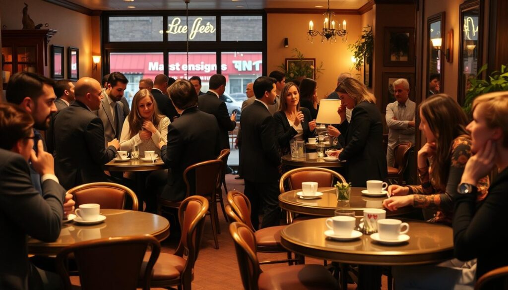 A lively speed dating event in a cozy cafe in El Cerrito, California. In the foreground, smartly dressed singles mingle and converse over cups of coffee and tea, exchanging lively banter and making connections. The middle ground features elegant tables and chairs arranged in an intimate setting, creating an atmosphere of romantic anticipation. In the background, the warm lighting and inviting decor of the cafe set the mood, with subtle hints of the vibrant local community outside. The scene is captured with a soft, cinematic lens, highlighting the candid, organic interactions of the participants and the welcoming ambiance of the event.