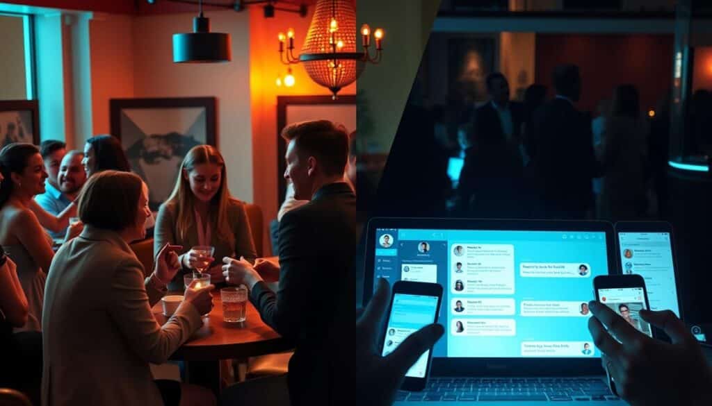 A lively speed dating event in a cozy lounge, with smartly dressed singles mingling and engaged in lively conversation, set against the backdrop of a sleek, minimalist online dating interface, showcasing profiles and messaging interactions on a range of digital devices. Warm, intimate lighting illuminates the speed dating scene, while the online dating area is bathed in a cool, technological glow. The compositions contrast the immediate, face-to-face nature of speed dating with the more distant, screen-mediated experience of online dating. The overall mood conveys the pros and cons of each approach to finding a romantic connection.