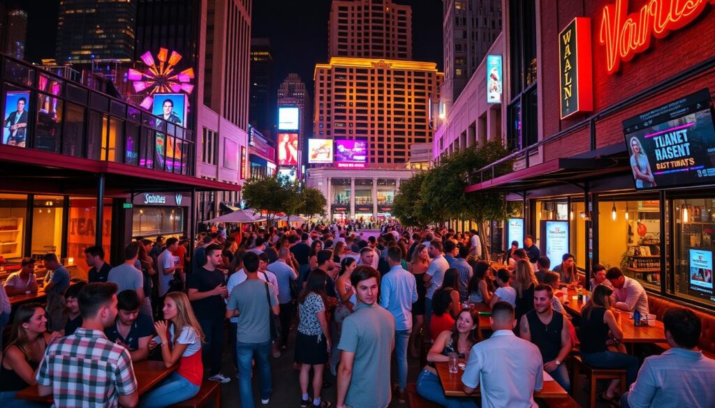 singles events nearby taking place in a lively downtown area, with groups of young adults gathered in cafes, bars, and public squares, engaged in conversation and activities, against a backdrop of modern architecture, neon lights, and a vibrant nightlife atmosphere, captured with a wide-angle lens and warm, inviting lighting to convey a sense of energy, connection, and social engagement