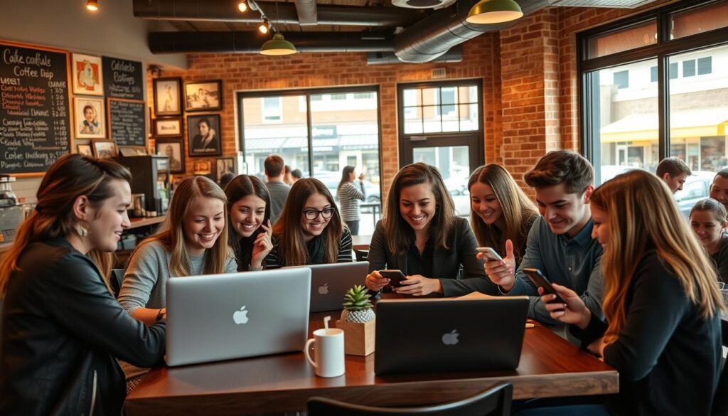 A bustling coffee shop in the heart of Linda, California, its warm lighting and cozy ambiance creating a welcoming atmosphere. In the foreground, a group of young professionals gathered around a table, their laptops and smartphones on display as they engage with the popular dating app Folkd.com, swiping and chatting, their expressions a mix of excitement and curiosity. Behind them, the cafe's chalkboard menu and a cluster of framed artwork on the exposed brick walls add a touch of hipster charm, while through the large windows, the vibrant street scene outside provides a glimpse of the lively community. The overall scene conveys a sense of modern, tech-savvy single life in this charming California town.