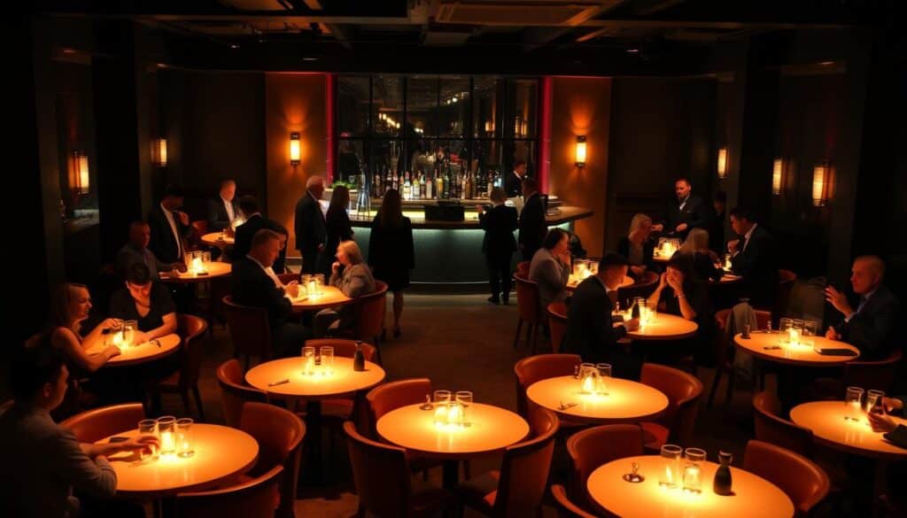 A dimly lit, cozy event space with rows of small tables arranged in a circular pattern, each occupied by a pair of speed daters engaged in animated conversation. The tables are bathed in warm, ambient lighting, creating a relaxed yet energetic atmosphere. In the background, a sleek, modern bar serves as the focal point, with bartenders expertly mixing drinks. Smartly dressed singles, ranging in age and backgrounds, circulate the room, moving from table to table, eager to make connections. The overall scene conveys a sense of anticipation, excitement, and the potential for new relationships to bloom.