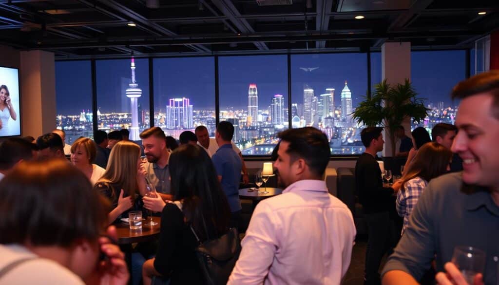 A bustling speed dating event in West Carson, California, captured through the lens of a high-resolution camera. In the foreground, a group of singles engage in lively conversations, their faces lit by soft, warm lighting that creates an inviting ambiance. The middle ground features a stylishly decorated venue, with modern furnishings and a sleek, minimalist design that reflects the efficiency and streamlined nature of speed dating. In the background, the vibrant cityscape of West Carson provides a dynamic backdrop, hinting at the vibrant social scene that this event is a part of. The overall scene conveys a sense of energy, connection, and the potential for meaningful relationships to bloom in this fast-paced, yet intimate setting.