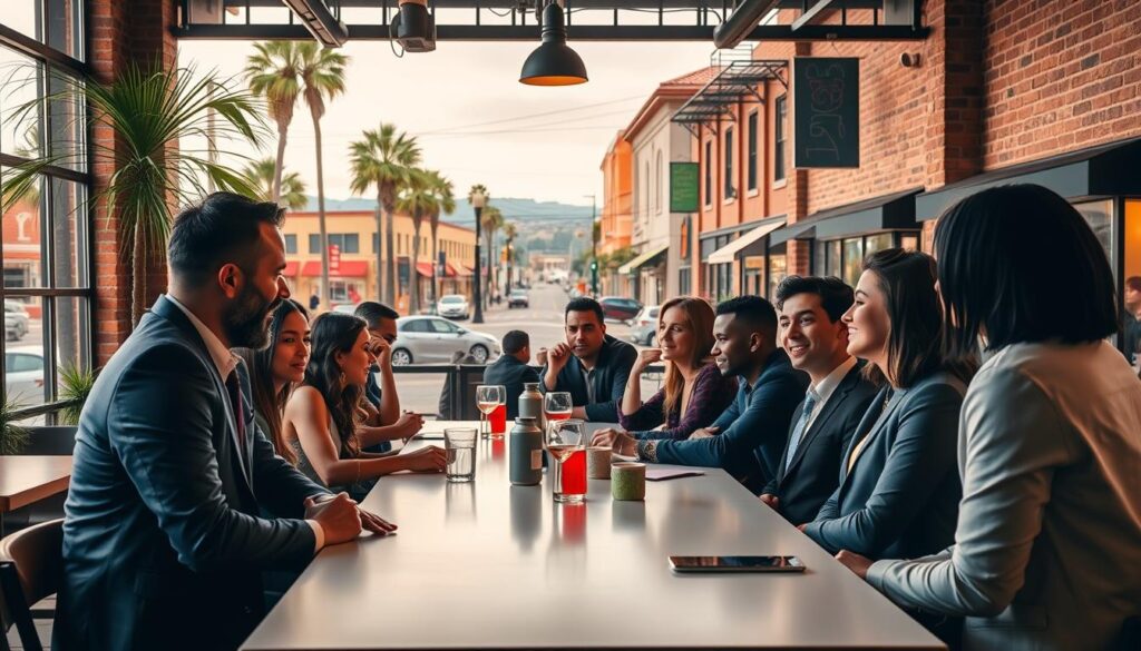 a highly detailed, photorealistic image of a speed dating event in Albany, California, set in a warm, inviting atmosphere. The foreground features a group of diverse singles, smartly dressed, engaged in animated conversation around a long table with a minimalist, modern design. The middle ground showcases the venue, a trendy cafe or co-working space with large windows, exposed brick walls, and soft, ambient lighting. The background depicts the vibrant streets of Albany, with palm trees, historic architecture, and a hint of the San Francisco Bay in the distance. The overall scene conveys an intimate, yet energetic vibe, capturing the spirit of a lively speed dating event in this charming Northern California town.