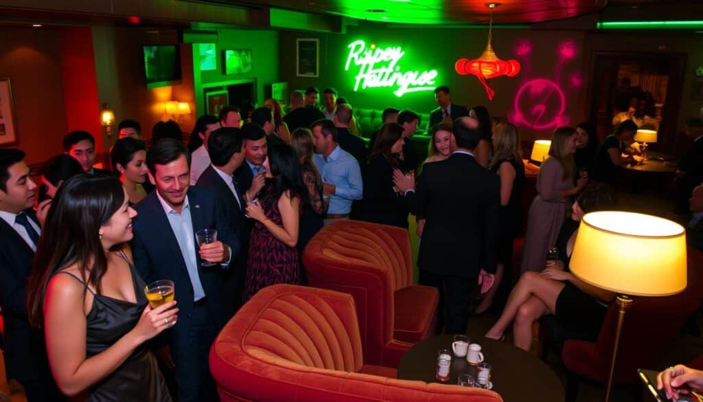 Singles night at Flamingo House Social: A vibrant scene of people mingling and connecting in a stylish, retro-inspired lounge. Warm lighting casts a soft glow, highlighting the lively chatter and laughter of the gathered crowd. In the foreground, smartly dressed individuals mingle over cocktails, their expressions animated as they engage in conversation. In the middle ground, cozy seating areas invite intimate discussions, while the background showcases the retro-chic decor of the venue - think plush velvet sofas, neon accents, and a sleek, mid-century modern aesthetic. The overall atmosphere exudes a sense of excitement and possibility, capturing the spirit of a dynamic speed dating event in Dixon, California.
