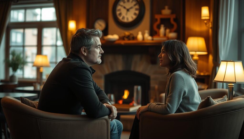 A warm, inviting cafe interior with cozy armchairs and a fireplace in the background. In the foreground, two people engaged in deep conversation, their body language and facial expressions conveying a sense of meaningful connection. Soft lighting from table lamps and a window provides a gentle, intimate atmosphere. The image should evoke a feeling of genuine rapport and understanding between the two individuals, as if they are finding common ground and building a lasting bond.
