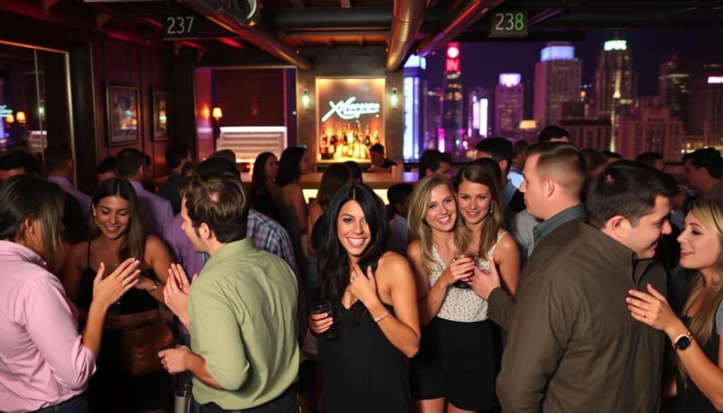 A bustling speed dating event in a stylish city lounge, with a playful and lighthearted atmosphere. In the foreground, a diverse group of singles engaged in lively conversations, their gestures and expressions conveying a sense of openness and optimism. In the middle ground, a stylish bar setup with chic decor, soft lighting, and subtle hints of the "myths" to be debunked. The background features a vibrant cityscape, with the glow of neon signs and the energy of a thriving metropolis. The scene captures the energy and excitement of the speed dating experience, while subtly alluding to the misconceptions that will be discussed in the article.