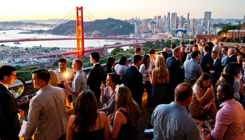 A lively speed dating event in the heart of San Francisco, set against the iconic Golden Gate Bridge and the bustling city skyline. In the foreground, well-dressed singles mingle and converse animatedly, exchanging stories and making connections. Soft ambient lighting illuminates the scene, creating a warm and inviting atmosphere. The middle ground features cozy seating areas where participants engage in intimate discussions, while the background showcases the vibrant city streets and the golden glow of the setting sun. An atmosphere of excitement, anticipation, and the potential for new beginnings permeates the scene.