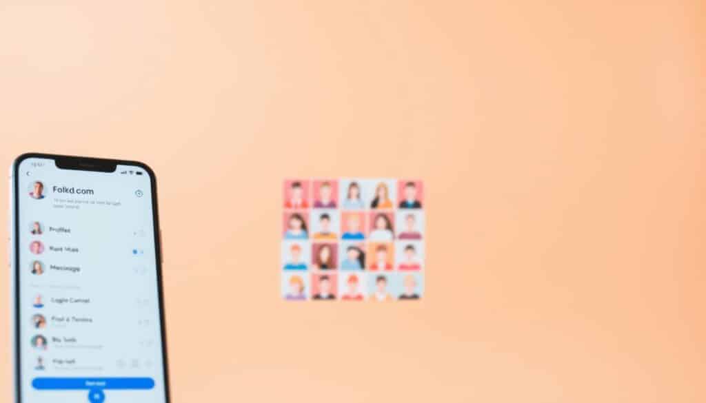 A modern, minimalist digital interface showcasing the key features of the dating app Folkd.com. In the foreground, a clean, responsive layout displays profiles, messaging, and swiping controls. The middle ground features a stylized grid of user avatars, hinting at the diverse community. The background blurs into a soft, warm gradient, creating a sense of depth and focus on the app's functionality. Subtle icons, clean typography, and a vibrant yet calming color palette convey the app's user-friendly, contemporary aesthetic. Captured with a wide-angle lens, the composition highlights the app's intuitive, seamless user experience.
