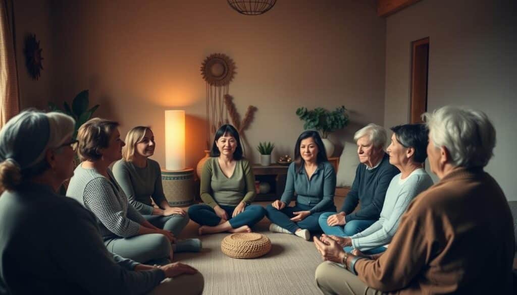 A cozy and intimate gathering of people engaged in guided exercises, fostering authentic connections and interpersonal bonds. The scene depicts a warm, softly lit room with muted tones and natural textures, creating a serene and inviting atmosphere. In the foreground, a group of adults sit in a circle, their faces focused and expressions calm as they participate in a mindfulness activity led by a guide. The middle ground showcases simple, minimalist decor that complements the mood, while the background suggests a sense of privacy and seclusion, allowing the participants to fully immerse themselves in the experience.