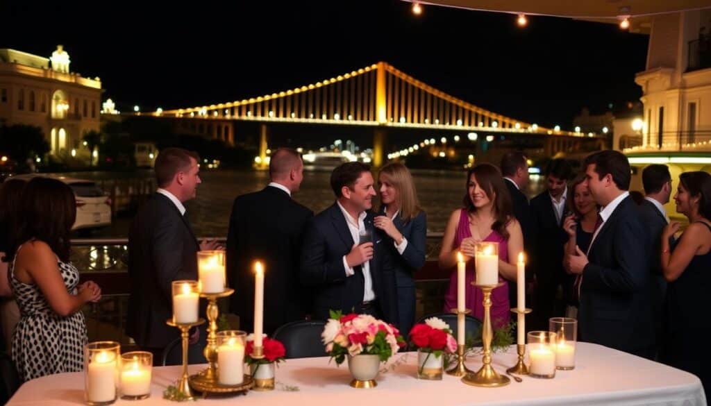 A cozy downtown Coronado setting, with the iconic Coronado Bridge as a backdrop. In the foreground, an elegant table is set up, adorned with candles and flowers, creating an inviting atmosphere for an upcoming speed dating event. The lighting is warm and intimate, casting a soft glow over the scene. A group of well-dressed people are gathered, engaged in lively conversation, their faces expressing a mix of anticipation and excitement. The overall mood is one of sophistication and social connection, perfectly capturing the essence of the "Upcoming Speed Dating Events in Coronado" section of the article.