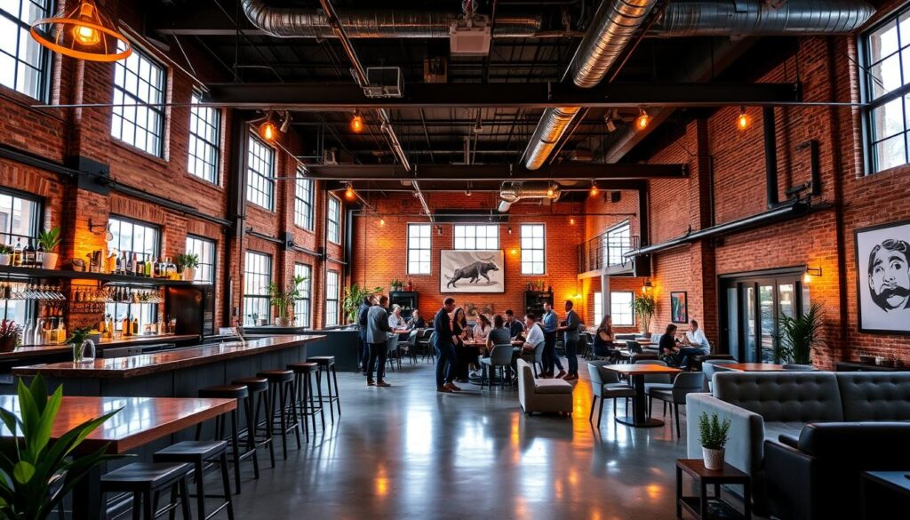 A vibrant, modern event space in downtown California, with a mix of rustic and industrial elements. Warm lighting creates a cozy, intimate atmosphere, while high ceilings and large windows lend an airy, open feel. Sleek bar counters and plush seating areas invite mingling, while the polished concrete floors and exposed brick walls add character. Stylish decor, including potted plants and minimalist artwork, reflects the sophisticated yet casual vibe. The venue's layout allows for easy flow and conversation, making it an ideal setting for a lively singles event.