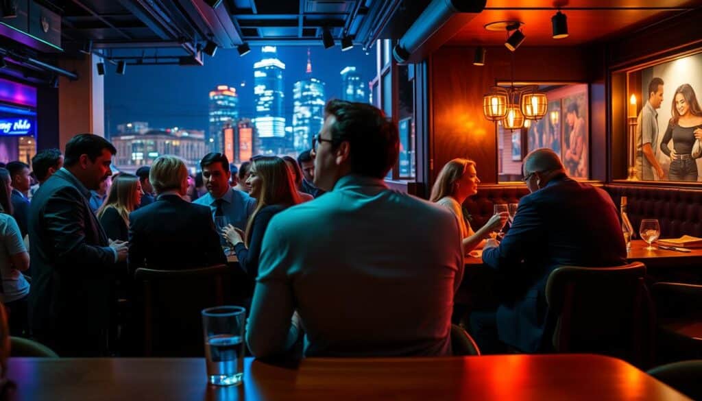 A vibrant and dynamic scene depicting the contrast between speed dating and traditional dating. In the foreground, a lively speed dating event, with a group of smartly dressed individuals engaged in animated conversations, conveying a sense of energy and excitement. In the middle ground, a more traditional dating scenario, a couple enjoying an intimate dinner in a cozy restaurant setting, surrounded by the warm glow of candlelight. The background features a cityscape, hinting at the diverse social settings where these dating experiences can unfold. The lighting is a blend of modern, neon-tinged illumination and the soft, romantic ambiance of the restaurant, creating a visually striking and thought-provoking contrast. Captured with a wide-angle lens to emphasize the juxtaposition of the two dating environments.