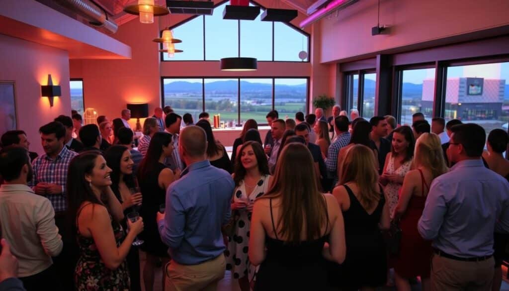 A vibrant singles night event in the heart of North Auburn, California. In the foreground, a diverse group of stylishly dressed individuals mingling and chatting animatedly, drinks in hand. The middle ground features a well-lit, modern event space with an inviting atmosphere, complete with mood lighting and a sleek bar setup. In the background, glimpses of the scenic North Auburn landscape can be seen through large windows, creating a sense of openness and connection to the local community. The overall scene conveys a lively, welcoming, and engaging speed dating experience.
