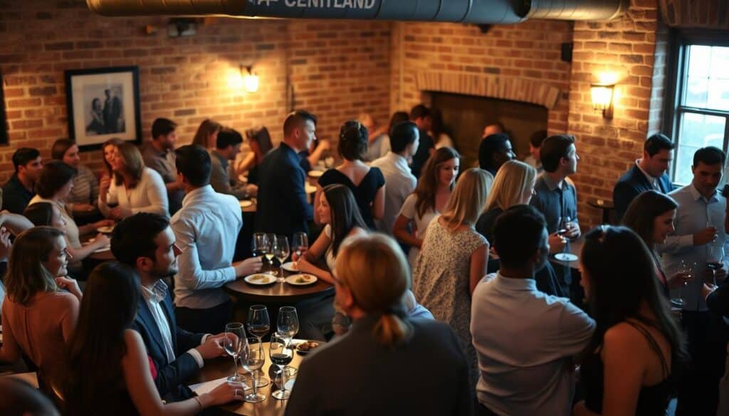 Bustling local speed dating event in the heart of Cherryland, California. Intimate gathering of singles mingling and conversing over wine and hors d'oeuvres, set against the backdrop of a cozy, softly lit venue with rustic exposed brick walls. Warm lighting casts a golden glow, creating a welcoming, relaxed atmosphere. Couples seated at small tables engaged in animated discussion, while others mingle freely, exchanging contact information and laughter. In the foreground, an attractive, diverse group of men and women dressed smartly, radiating anticipation and hope for potential connections. Capturing the lively, convivial spirit of a quintessential Cherryland speed dating evening.