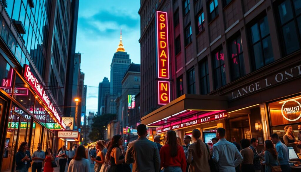 A bustling city street at dusk, with a warm glow of streetlights and neon signs illuminating the scene. In the foreground, a group of young professionals gather at the entrance of a modern speed dating event venue, their lively chatter and excited expressions hinting at the possibilities within. The middle ground features other nearby establishments - trendy bars, upscale restaurants, and stylish lounges - catering to the social scene. In the background, the skyline rises, a mix of high-rise buildings and historic architecture, creating a vibrant, metropolitan atmosphere. Shallow depth of field, cinematic lighting, and a sense of energy and anticipation pervade the image.