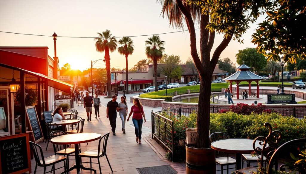 A vibrant outdoor scene in Lamont, California, showcasing popular date spots. In the foreground, a cozy cafe with inviting tables and a chalkboard menu under warm cafe lighting. In the middle ground, couples stroll hand-in-hand along a lively main street, window-shopping at charming boutiques and galleries. In the background, a picturesque park with lush greenery, a tranquil pond, and a bandstand, all bathed in the golden glow of a sunset. The atmosphere is one of small-town charm, romance, and community, perfectly capturing the essence of a Lamont speed dating adventure.