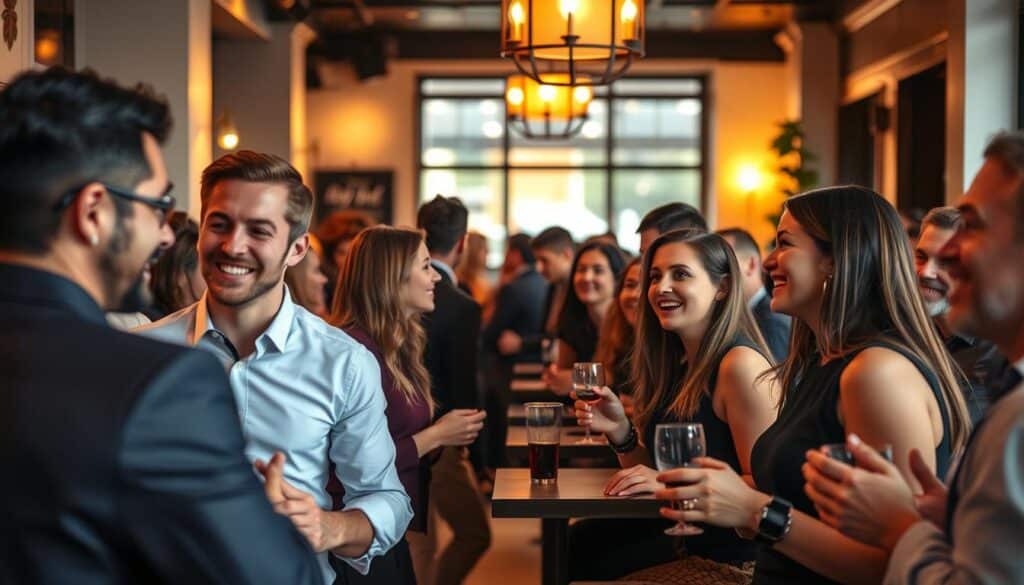 A bustling speed dating event in a cozy cafe, warm lighting casting a soft glow over the lively conversation. Smartly dressed singles mingle, making eye contact and exchanging animated smiles, conveying the successful, upbeat atmosphere of the gathering. The scene is captured from a slightly elevated perspective, allowing the viewer to observe the dynamic interactions unfolding below. Streamlined, minimalist decor creates a modern, inviting ambiance, while the background subtly hints at the charming urban setting. Overall, the image exudes an air of optimism and connection, reflecting the positive nature of speed dating as a way for singles to forge meaningful relationships.