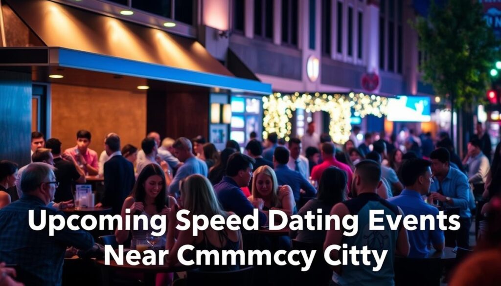 A bustling speed dating event in the heart of Commerce City, Colorado. The scene captures the vibrant atmosphere with groups of singles mingling at intimate tables, engaged in lively conversations under the warm glow of ambient lighting. In the background, a sleek and modern venue facade sets the stage, hinting at the stylish and professional nature of the event. The composition emphasizes the energy and anticipation of the participants, their faces alight with the prospect of making valuable connections. The image exudes a sense of excitement and potential, reflecting the spirit of the "Upcoming Speed Dating Events Near Commerce City" featured in the article.