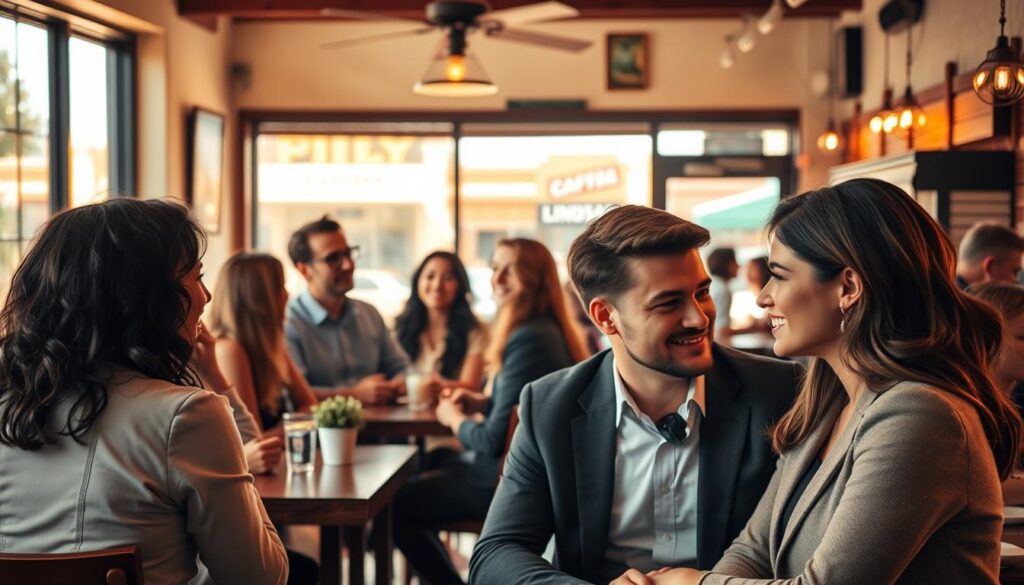 A cozy cafe interior, bathed in warm, golden lighting. At the center, a group of young professionals engaged in lively conversation, their faces animated with laughter and excitement. In the foreground, a well-dressed couple, their eyes locked, deep in an intimate discussion. The background features a charming view of a picturesque small-town street, hinting at the unique character of Lindsay, California. The overall atmosphere conveys a sense of connection, opportunity, and the thrill of new possibilities.