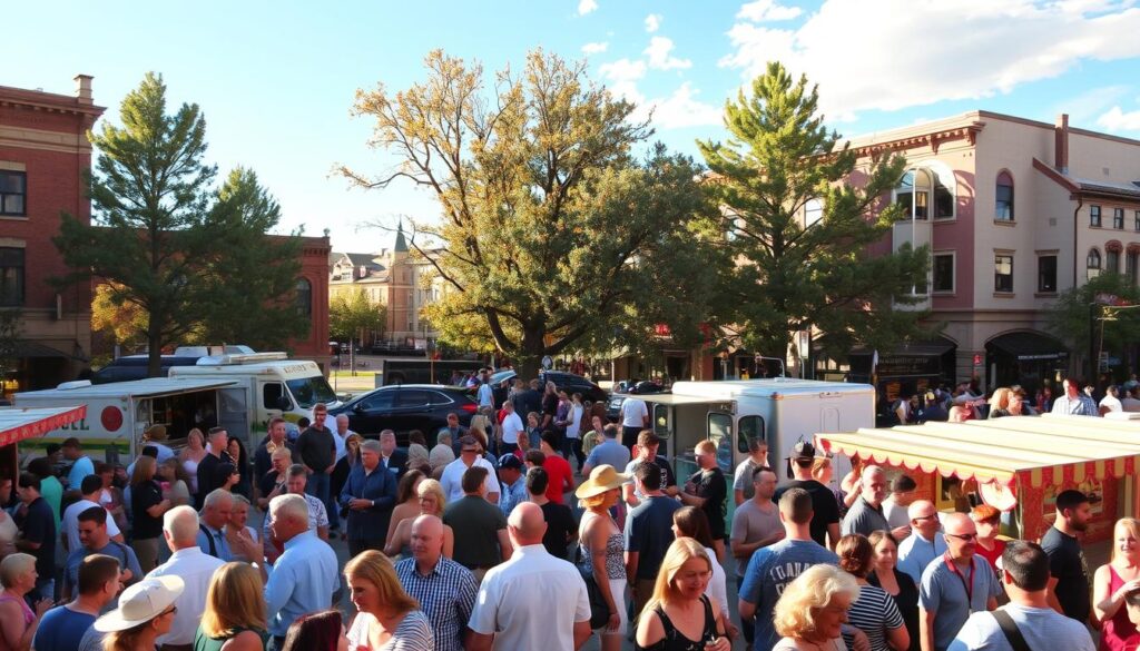 A bustling town square in Lafayette, Colorado, with people gathered for a lively social event. The scene is bathed in warm, golden sunlight, creating a cozy, inviting atmosphere. In the foreground, groups of locals and visitors mingle and converse, their expressions animated with the energy of the occasion. Nearby, food trucks and vendors offer a variety of delectable treats, the aroma wafting through the air. In the middle ground, a band plays on a small stage, their music carrying the rhythm of the gathering. The backdrop features the charming architecture of historic buildings, with towering trees and a clear blue sky overhead, completing the picturesque setting.