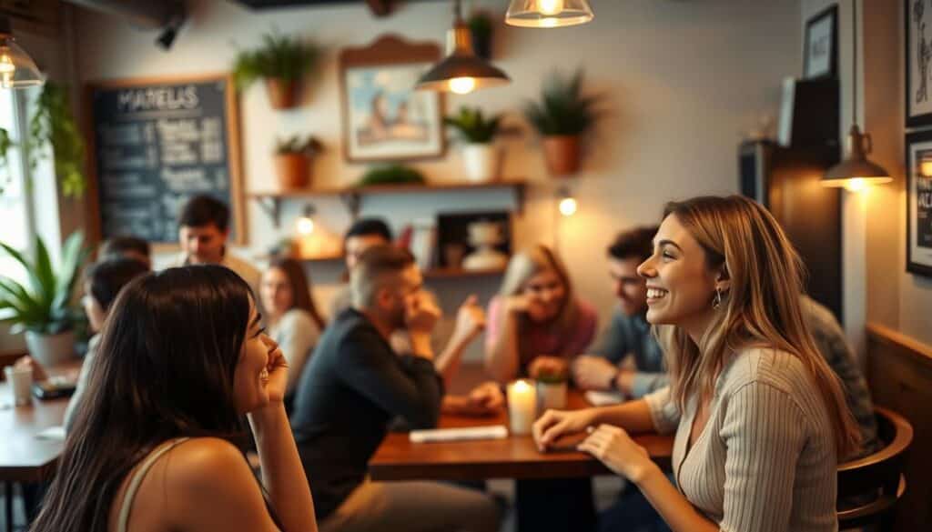 A cozy, well-lit cafe interior with a diverse group of people engaged in lively conversation around a central table. Soft, warm lighting illuminates their faces, creating an inviting, relaxed atmosphere. In the foreground, a friendly-looking man and woman are making eye contact and smiling, embodying the spirit of a successful speed dating encounter. The background features a chalkboard menu, potted plants, and a bookshelf, adding a touch of sophistication. The overall scene conveys an engaging, comfortable setting for a speed dating event.
