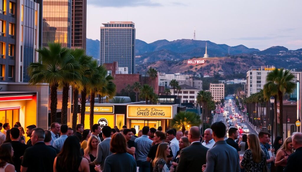 A bustling cityscape of Los Angeles, with towering skyscrapers and palm trees lining the streets. In the foreground, a group of people mingling and conversing animatedly at a speed dating event, their faces alight with anticipation and curiosity. The middle ground features a sleek, modern event venue, its entrance adorned with neon signs and vibrant lighting. In the background, the iconic Hollywood Hills and the iconic Hollywood sign stand tall, framing the scene with a touch of glamour and excitement. The image is captured with a wide-angle lens, emphasizing the energy and vibrancy of the city, while a warm, golden hue bathes the entire scene, creating a cozy and inviting atmosphere.