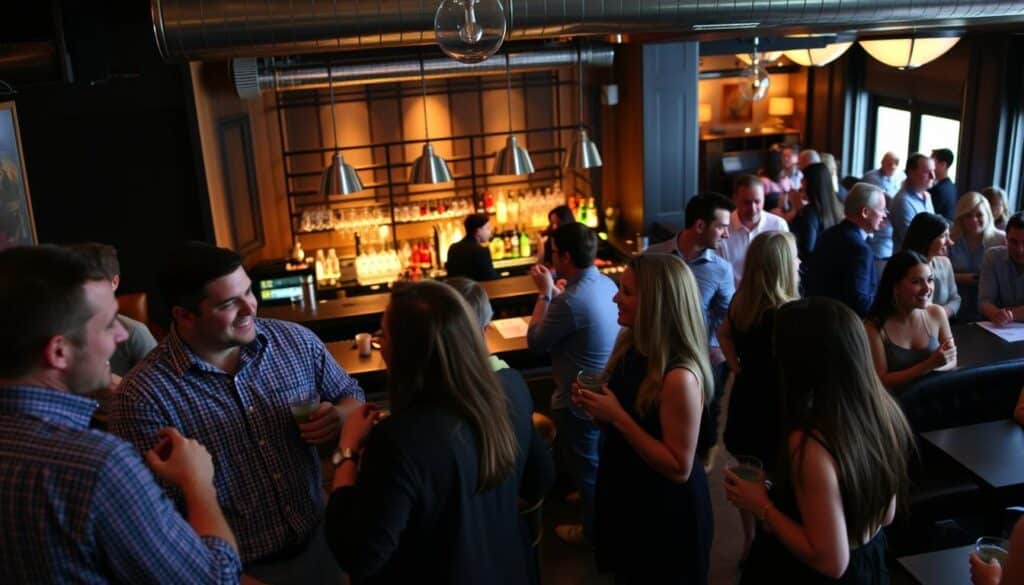 A lively singles event at the Hudson Grille in Sandy Springs, Georgia. In the foreground, a group of men and women mingle and converse over drinks, their faces animated with enthusiasm. The middle ground features a bustling bar area, with bartenders skillfully preparing cocktails against a backdrop of modern decor and warm lighting. In the background, a larger seating area can be seen, where additional guests engage in friendly chats. A sense of energy and social connection permeates the scene, capturing the vibrant atmosphere of a speed dating event in this charming Georgia suburb.