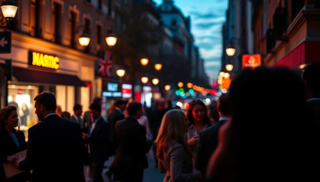 A bustling city street at dusk, the warm glow of streetlamps contrasting with the cool, neon hues of a speed dating event in the foreground. Smartly dressed individuals mingle and converse, their faces alight with anticipation and connection. In the background, a shadowy silhouette of a smartphone, symbol of the online dating world, fades into the distance, overshadowed by the vibrant, in-person interactions. The scene is captured with a shallow depth of field, drawing the viewer's eye to the intimate, face-to-face exchanges happening in the moment. Soft, diffused lighting creates a sense of intimacy and immediacy, highlighting the human element of this speed dating experience.