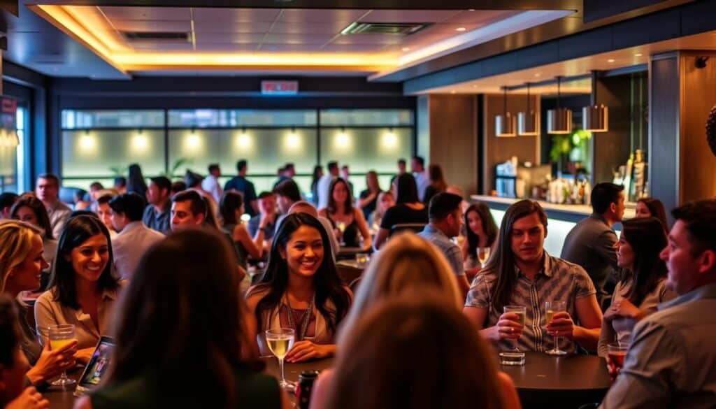 A lively speed dating event unfolding in a stylish lounge in Alpharetta, Georgia. In the foreground, a group of singles engaged in animated conversation, their faces alight with anticipation. The middle ground reveals cozy seating areas where potential matches mingle, drinks in hand. Soft lighting casts a warm, intimate glow, setting the mood for meaningful connections. In the background, a sleek bar and modern decor evoke an upscale, trendy atmosphere, reflecting the vibrant energy of Alpharetta's social scene. The scene captures the thrill and excitement of speed dating, inviting the viewer to imagine the possibilities of finding a special someone in this dynamic setting.