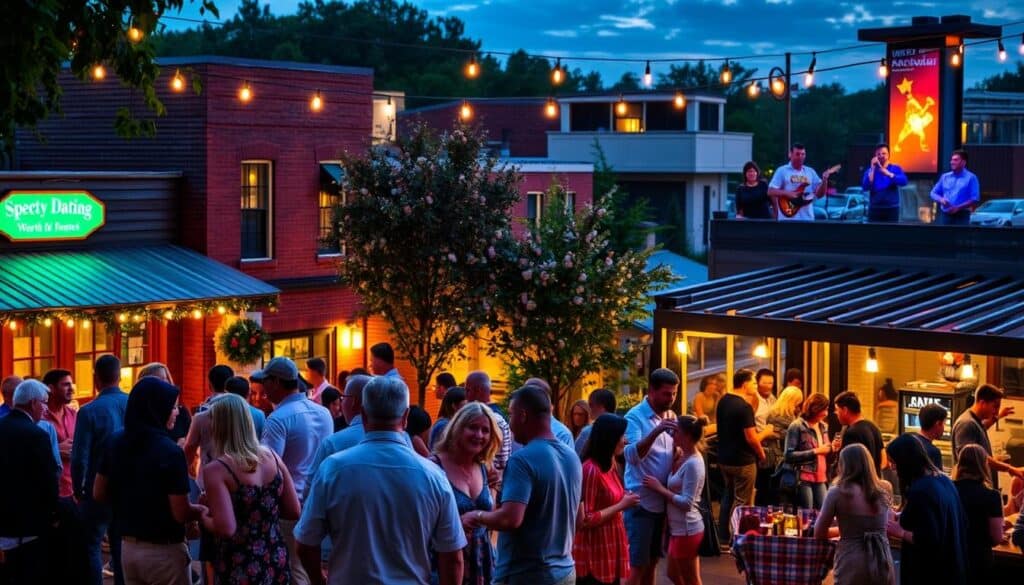 A bustling scene in a cozy North Georgia town, featuring an array of upcoming social events. In the foreground, a vibrant speed dating mixer set against the backdrop of a charming downtown area. Couples mingle and converse in a warm, intimate atmosphere, illuminated by the soft glow of cafe string lights. In the middle ground, a lively wine tasting event takes place, with attendees sampling local vintages and sharing lively conversation. In the distance, a trendy rooftop bar hosts a live music performance, its energy pulsing through the evening air. The overall composition conveys a sense of community, connection, and the anticipation of memorable social gatherings.