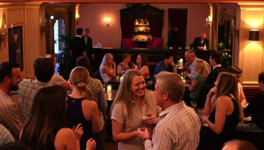 A cozy and lively speed dating event in Dunwoody, Georgia. In the foreground, a group of singles mingle and chat animatedly, their faces alight with interest and anticipation. Warm lighting bathes the scene, creating a welcoming ambiance. In the middle ground, couples sit at small tables, engaged in lively conversation, while the background features the elegant decor of the event venue, with its tasteful furnishings and subtle hints of Dunwoody's charming character. The overall atmosphere is one of relaxed sociability, where people feel at ease to connect and potentially find that special someone.