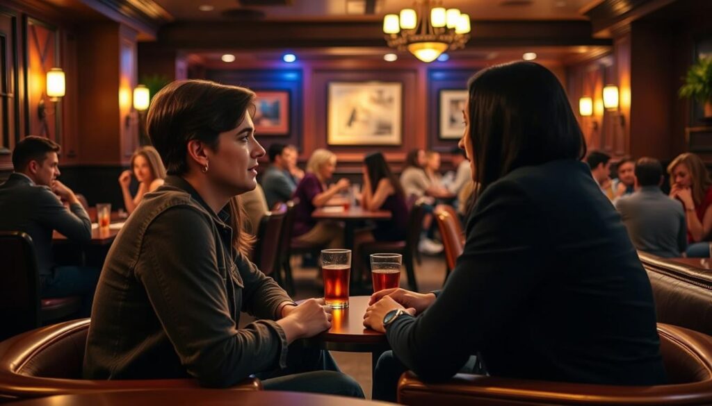 A vibrant speed dating event in the heart of Statesboro, Georgia. The scene depicts a cozy lounge setting with soft lighting, comfortable seating, and groups of people engaged in lively conversations. In the foreground, two individuals sit across from each other, leaning in and making eye contact, a sense of anticipation and connection palpable. In the middle ground, other pairs are scattered throughout the space, each immersed in their own intimate exchange. The background features a warm, inviting ambiance with subtle decor elements that set the mood for a successful speed dating experience. The overall composition captures the energy, enthusiasm, and social dynamics of a Statesboro speed dating event.