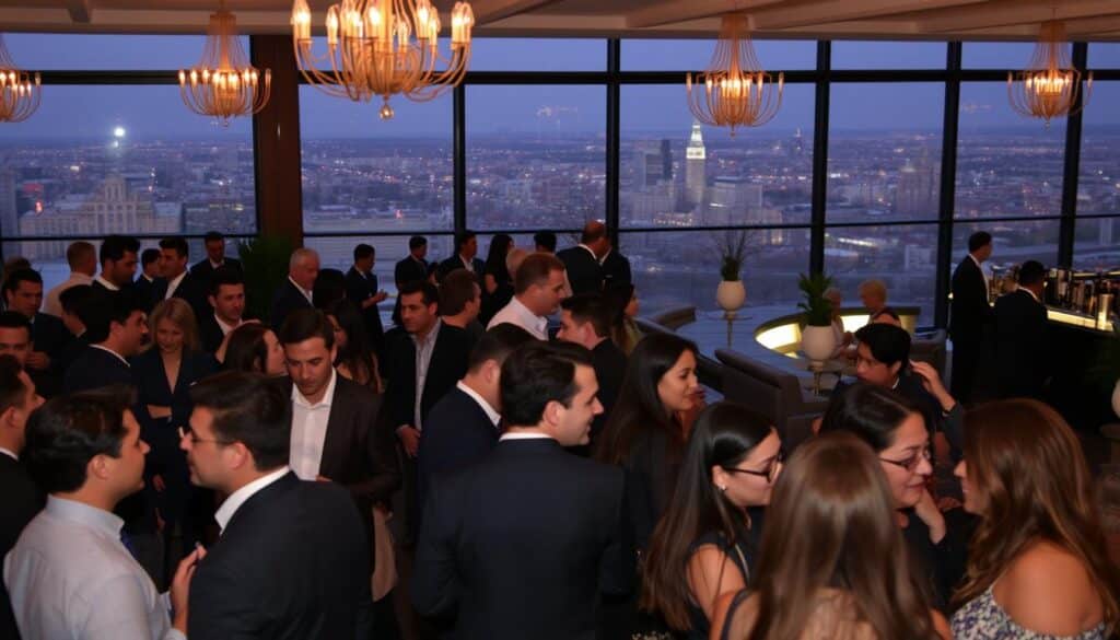 A bustling scene of singles mingling at a Kingsland speed dating event. In the foreground, a group of well-dressed individuals engaged in lively conversation, their faces lit by the warm glow of overhead chandeliers. The middle ground reveals others circulating the room, making introductions and exchanging pleasantries against a backdrop of sophisticated decor - plush sofas, potted plants, and a modern bar setup. In the distant background, a panoramic view of the Kingsland cityscape frames the intimate gathering, conveying a sense of urban energy and opportunity. The overall atmosphere is one of excitement, anticipation, and the potential for new connections to blossom.