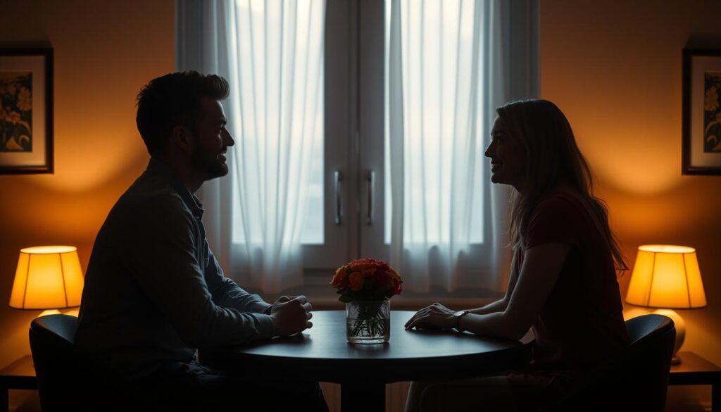 A dimly lit room, the warm glow of table lamps casting a cozy ambiance. Two people sit across from each other, engaged in a candid conversation, their body language conveying a sense of openness and curiosity. The table between them is adorned with a simple centerpiece, perhaps a vase of fresh flowers, creating a relaxed, inviting atmosphere. The walls are adorned with subtle artwork, lending a touch of sophistication to the setting. The lighting is soft and flattering, creating a sense of intimacy and connection between the two individuals. The scene captures the essence of a structured dating session, where people can explore the potential for a meaningful connection in a comfortable, controlled environment.