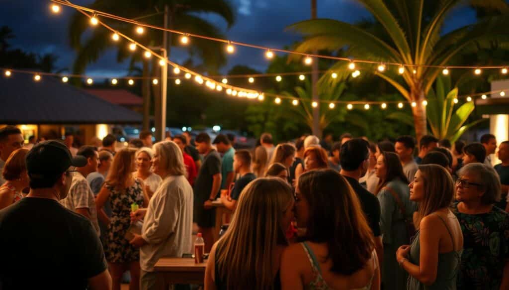 A vibrant evening gathering in Hilo's town square, the warm glow of string lights casting an intimate atmosphere. In the foreground, groups of people engaged in lively conversation, their expressions animated as they mingle and connect. The middle ground features small seating areas, where pairs lean in, eyes locked in deep discussion. In the background, the lush, tropical foliage of Hilo's landscape frames the scene, hinting at the island's natural beauty. The overall impression is one of a structured, yet relaxed social event, where new relationships are forged against the backdrop of Hilo's unique cultural vibrancy.