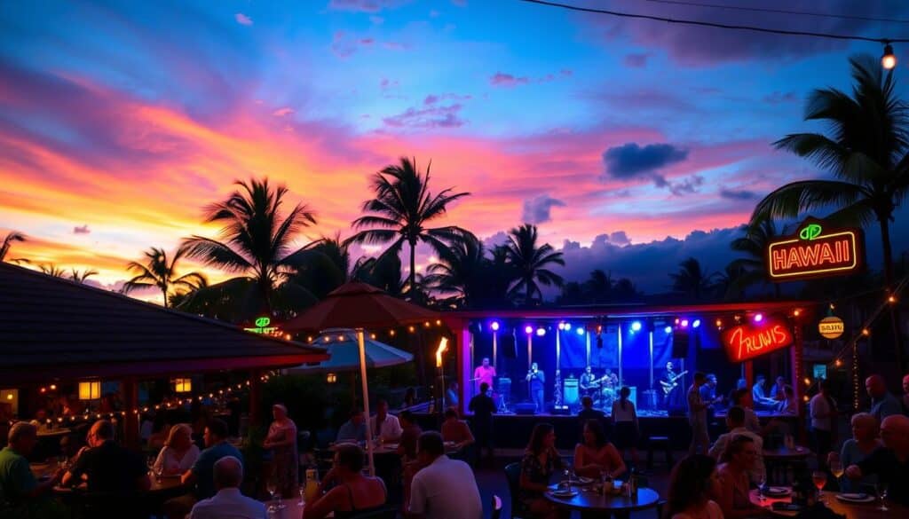 A vibrant nightscape in Kahului, Hawaii, showcasing the bustling social scene beyond speed dating. In the foreground, a lively outdoor café with locals and tourists mingling over tropical cocktails and small plates. The middle ground features an open-air concert venue, where a live band plays soulful Hawaiian music under the glow of tiki torches. In the background, the silhouettes of palm trees sway against a sky ablaze with the vibrant hues of a sunset. Neon signs and string lights add a touch of modern flair, creating an inviting atmosphere for those seeking alternative social experiences in Maui.