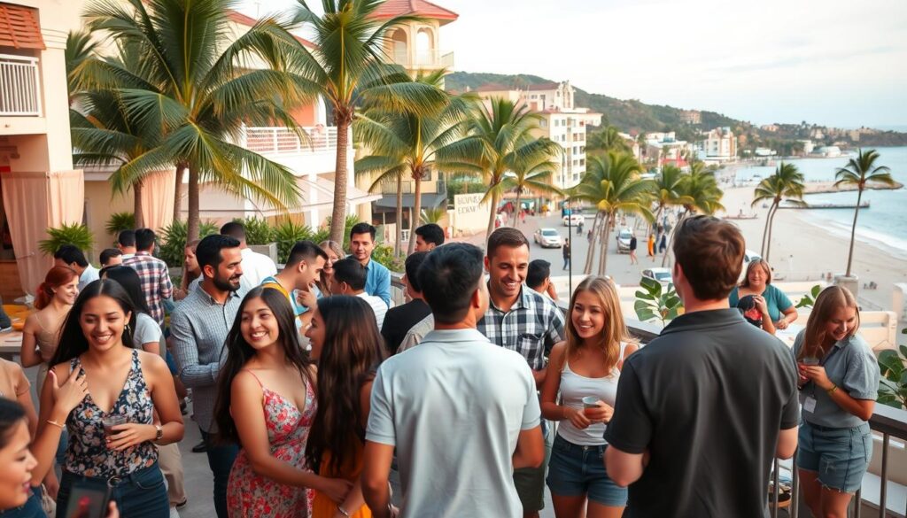 A diverse group of people enthusiastically engaged in interactive speed dating-inspired activities, set against a warm, inviting backdrop of a tropical urban environment. The foreground features a lively, engaging scene with individuals mingling, laughing, and participating in playful icebreakers. The middle ground showcases tastefully decorated event spaces with cozy seating areas and vibrant decor, hinting at the social, fun-filled atmosphere. The background depicts a scenic coastal town with swaying palm trees, pastel-colored buildings, and a hint of a picturesque beach. Soft, diffused lighting creates a welcoming, inclusive ambiance, capturing the spirit of a memorable alternative to traditional dating events.