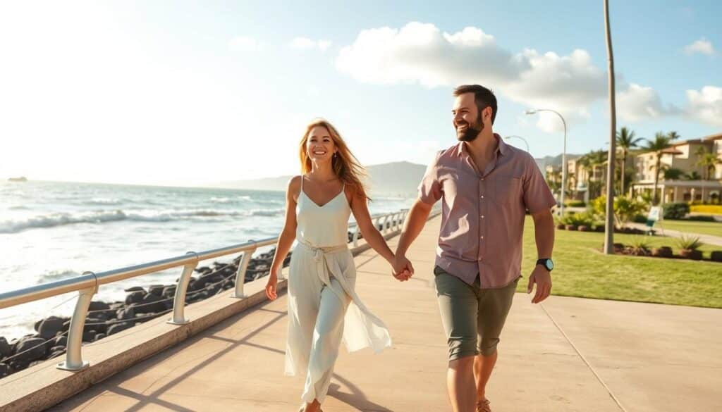 A warm, sunny afternoon in Kapolei, Hawaii. A happy couple strolling hand-in-hand down a picturesque beachfront promenade, the ocean waves lapping at the shore in the background. They are dressed casually yet stylishly, their faces alight with joy and contentment. The woman's long, sun-kissed hair catches the breeze, and the man's strong, confident stride suggests a newfound sense of purpose. The couple's body language conveys a deep connection, a story of two lives intertwined. Soft, diffused lighting bathes the scene in a golden glow, creating a sense of intimacy and romance. This is a success story, a testament to the power of finding love in an unexpected place.