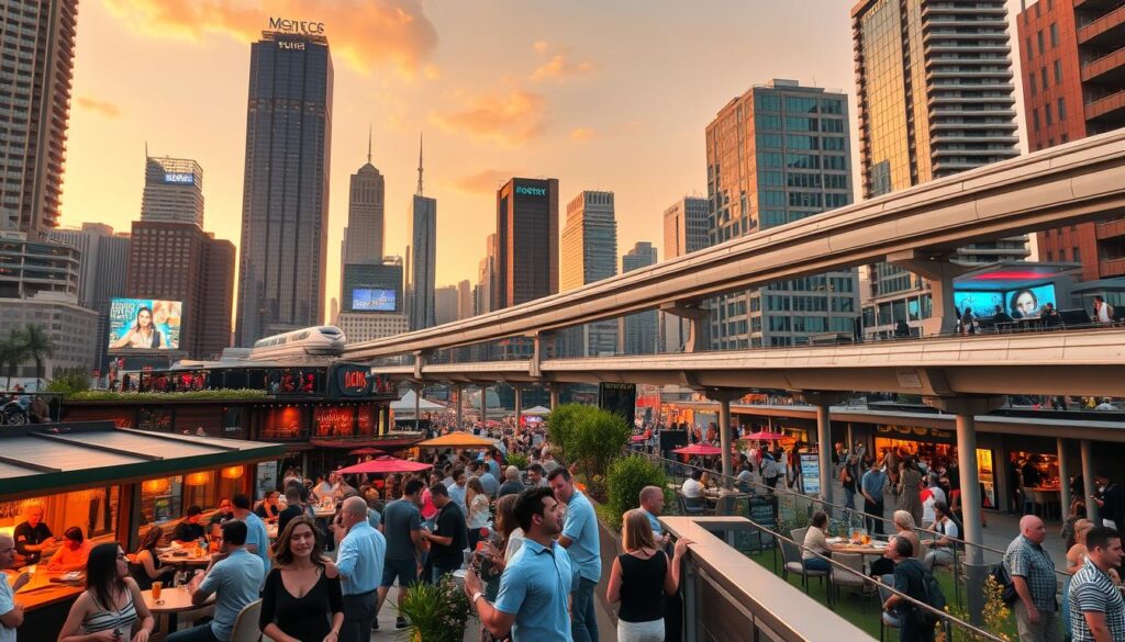 A bustling cityscape with towering skyscrapers and vibrant nightlife, captured under a warm, golden hour glow. In the foreground, people mingle at outdoor cafes and bars, engaged in lively conversation. The middle ground features a variety of modern entertainment venues, from trendy cocktail lounges to lively dance clubs. In the background, a network of public transportation options, including bustling streets and a sleek, high-speed monorail, connect the various social hubs. The overall atmosphere exudes a sense of urban energy and the promise of exciting alternative social experiences.